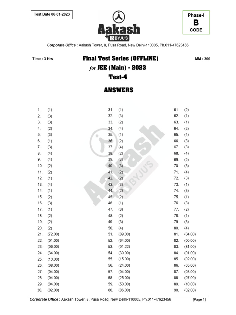 FTS - Test-4 - (Code-B) - JEE (Main) - 2023 (06-01-2023) Sol | PDF