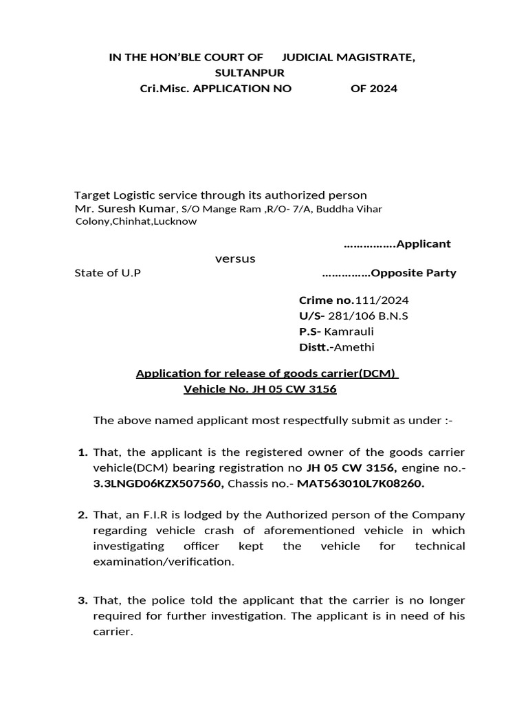 Goods Carrier Release Application by Suresh Kumar | PDF