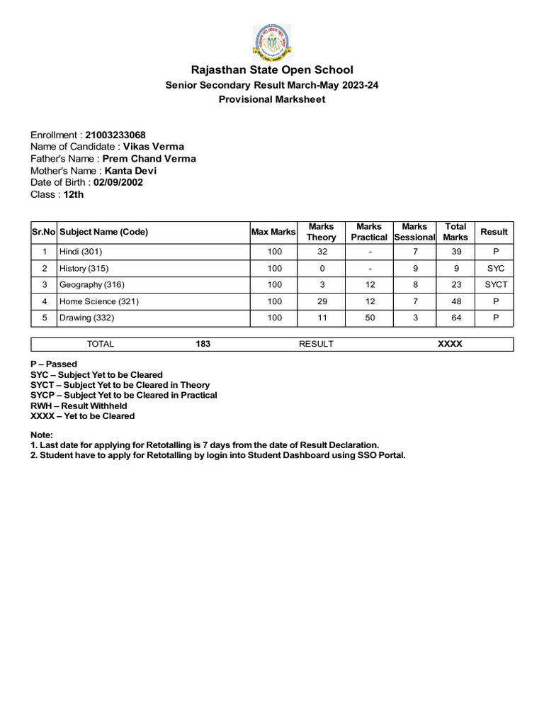 Provisional Marksheet | PDF