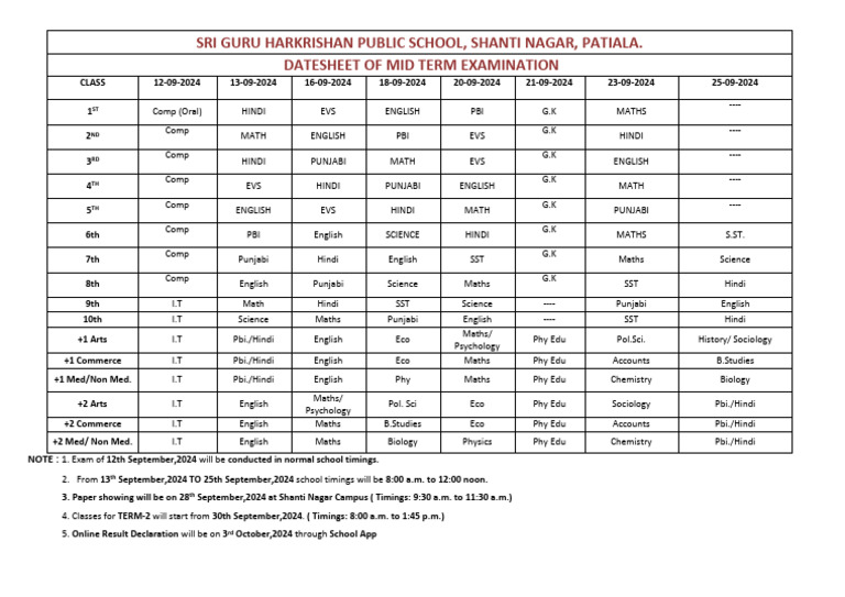 Mid Term Exam Datesheet 2024-25 Revised . | PDF