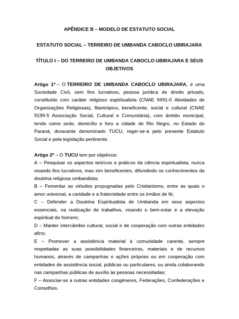 Modelo Estatuto Social Terreiro de Umbanda | PDF
