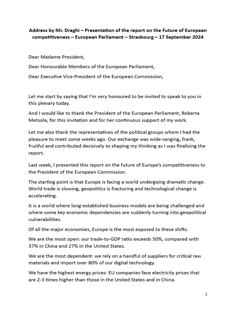 Draghi Report on European Competitiveness | PDF | Renewable Energy ...