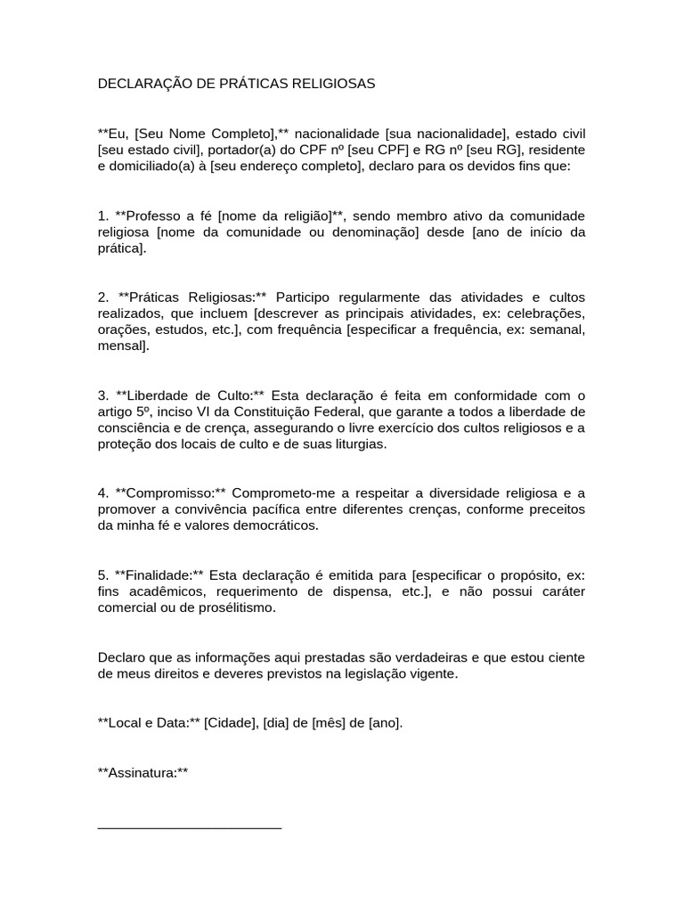DECLARAÇÃO - Práticas Religiosas | PDF