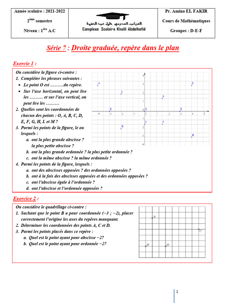 Série7-Droite Graduée, Repère Dans Le Plan | PDF
