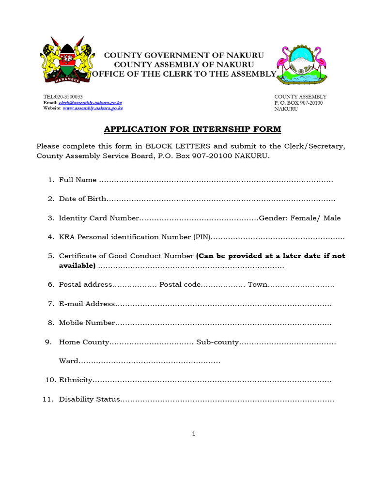 Nakuru County Internship Application Form | PDF