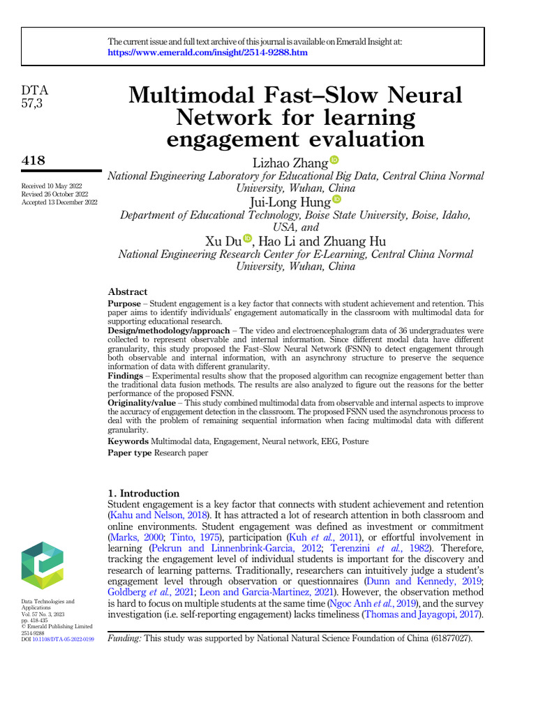 2023 - Multimodal Fast-Slow Neural Network For Learning Engagement ...