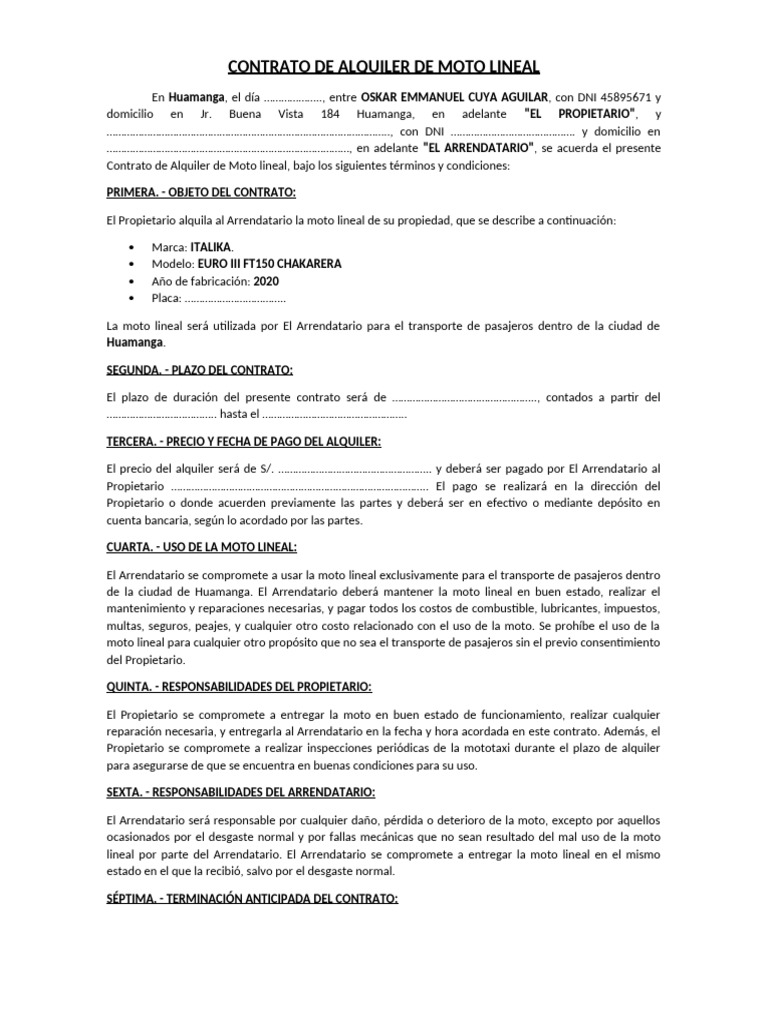 Contrato de Alquiler de Moto | PDF