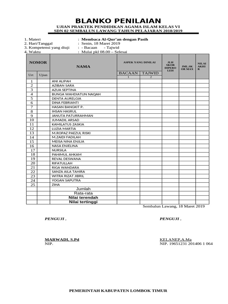 Blanko Penilaian Ujian Praktik Pdf