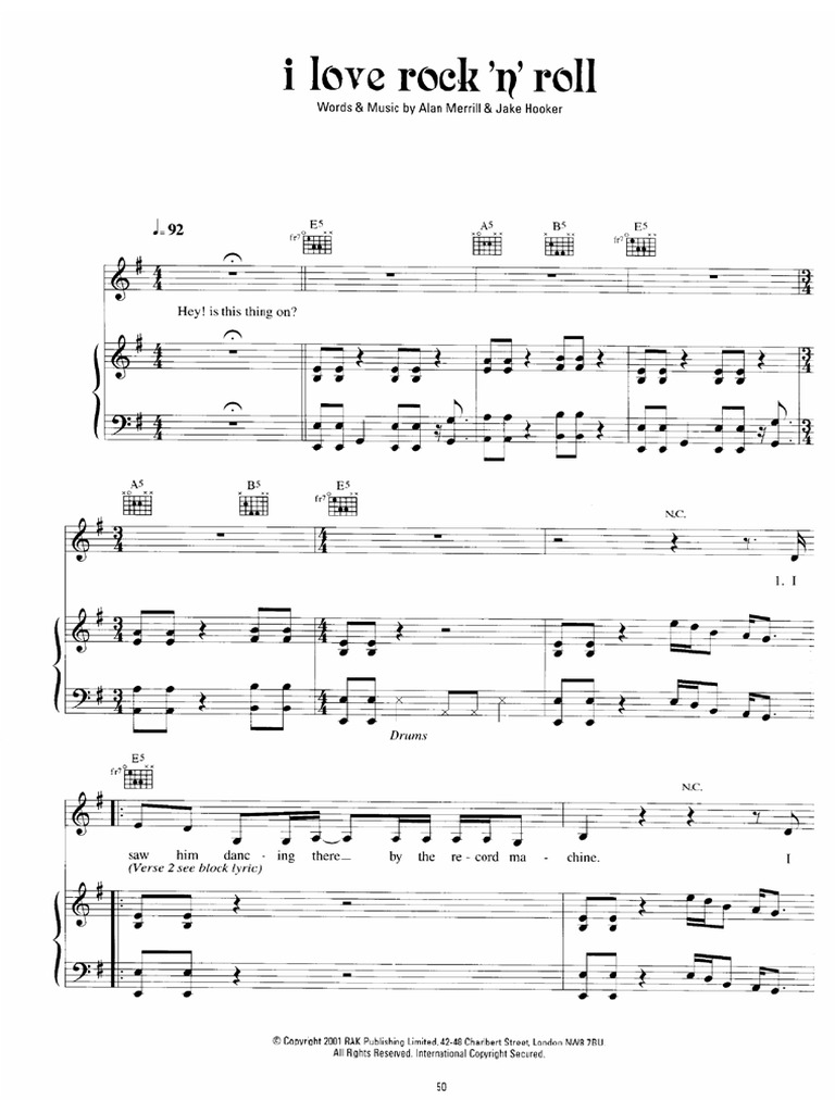 Sheet Music Piano Score Joan Jett I Love Rock N Roll