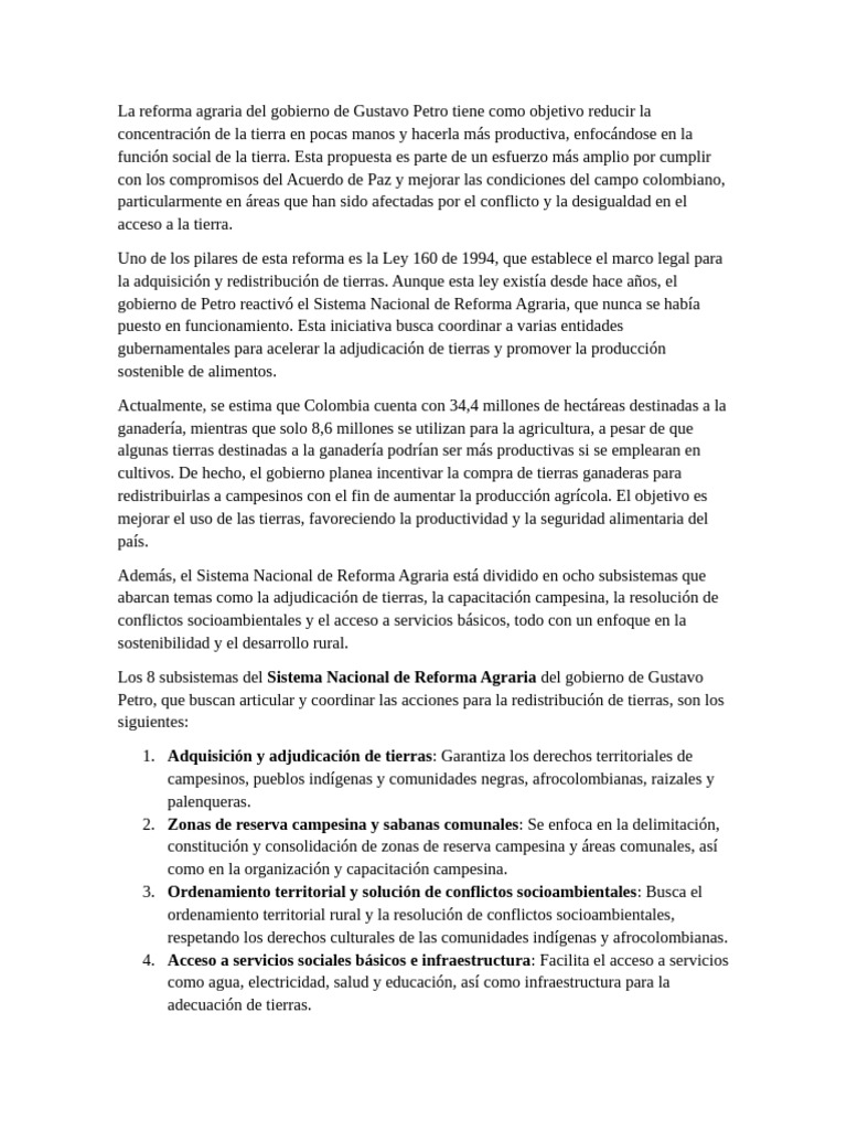 La Reforma Agraria Del Gobierno de Gustavo Petro | PDF