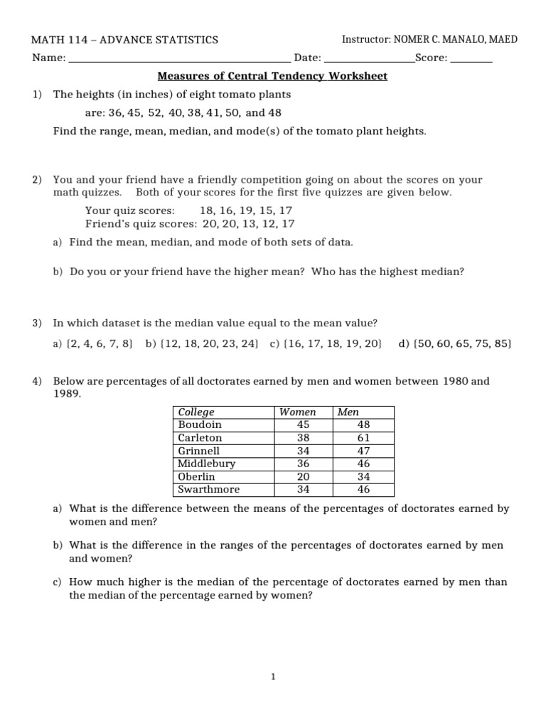 Measures of Central Tendency Practice 2 | PDF | Quartile | Teaching ...