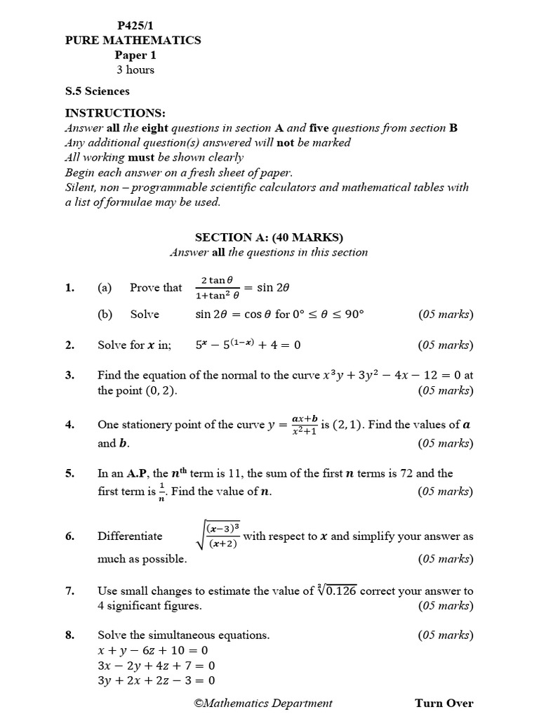 Pure Mathematics Exam Paper 1 | PDF | Equations | Curve