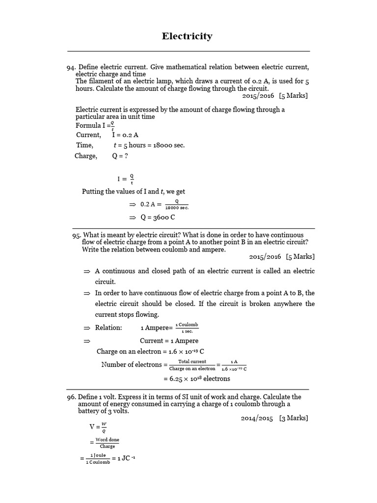 Repeated Questions of Electricity Every Year | PDF