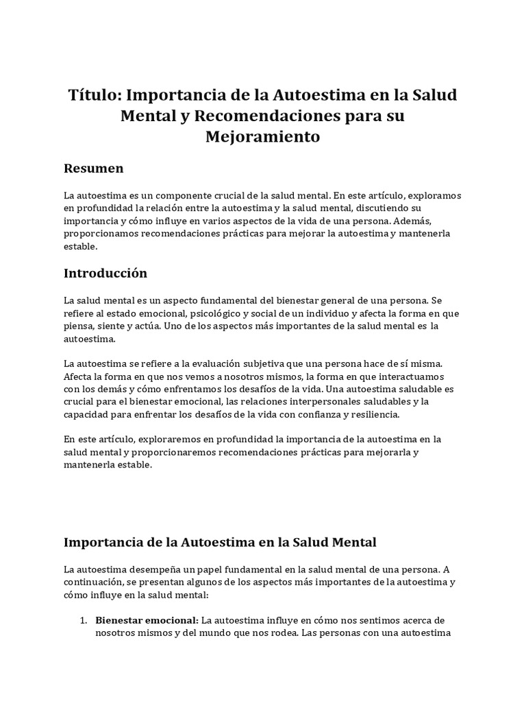 Título Importancia de La Autoestima en La Salud Mental y Rec | PDF ...