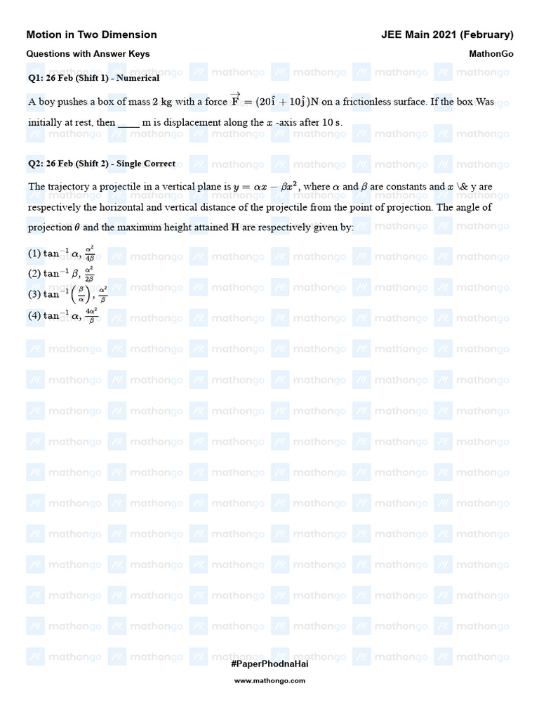 Mathongo Question Motion in Two Dimension Jee Main 2021 February ...