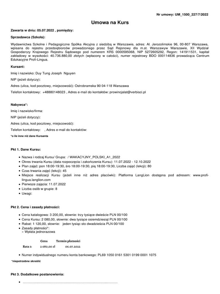Wszystkie szko y umowa na kurs online um 1500 227 7 2022 pdf