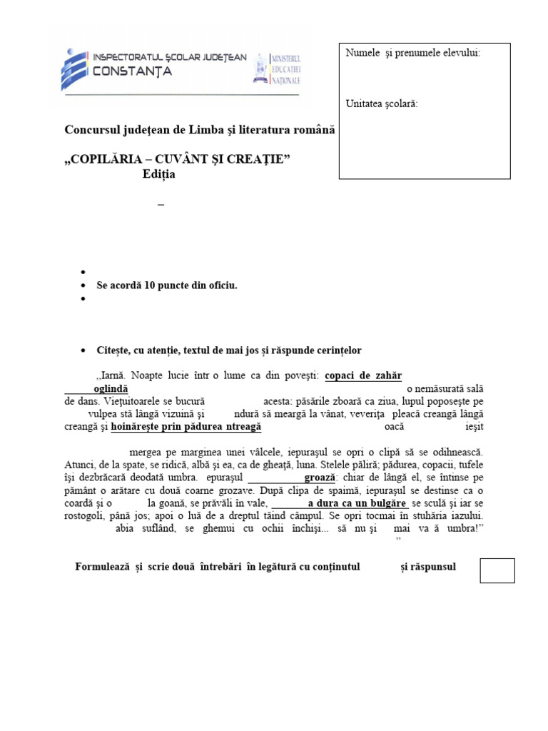 Subiecte Varianta 1 Cls. III Etapa I | PDF