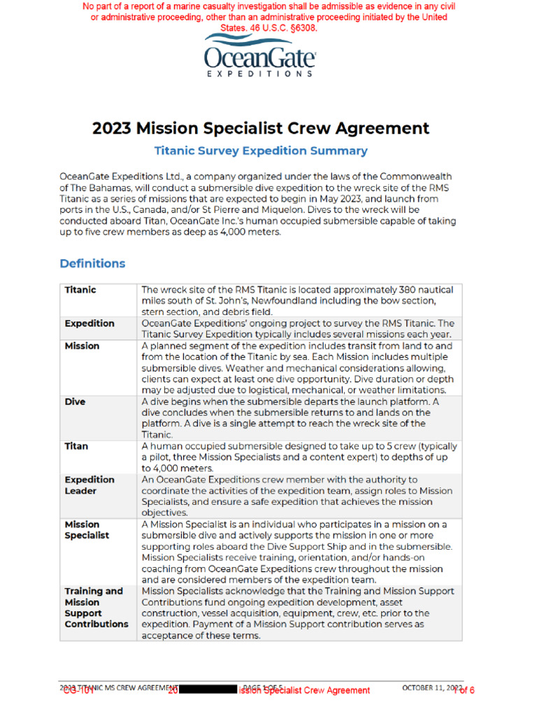 Cg-101 2023 Expedition Mission Specialist Crew Agreement - Redacted | PDF