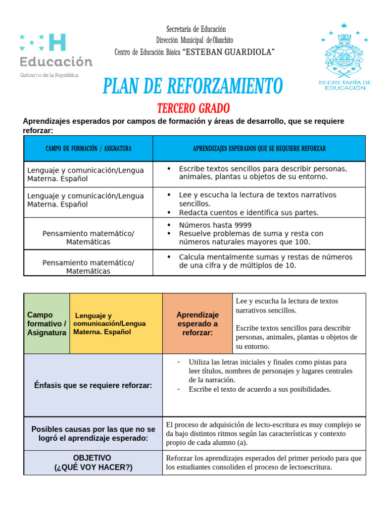 Plan de Reforzamiento Tercer Grado | PDF