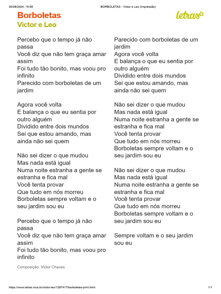 BORBOLETAS - Victor e Leo (Impressão) | PDF