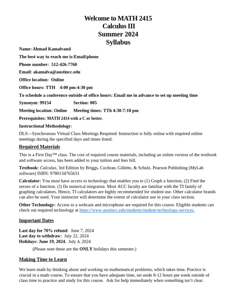 Master Syllabus Math 2415 Summer 2024 Pdf