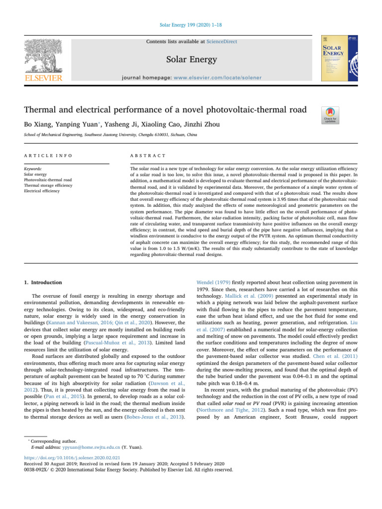 Thermal and Electrical Performance of A Novel Photovoltaic-Thermal Road ...