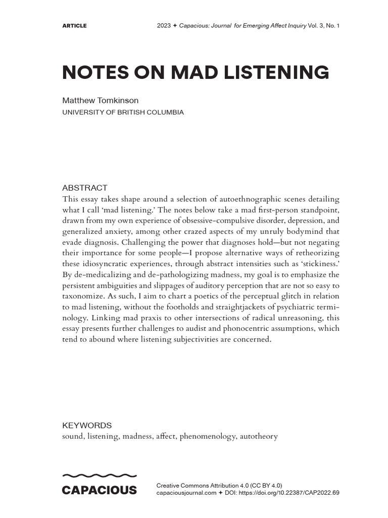 Tomkinson Notes On Mad Listening | PDF