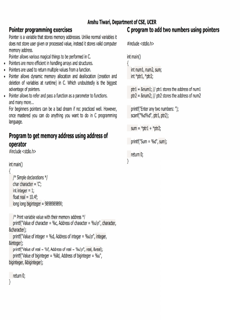 Pointer Programming Exercises | PDF