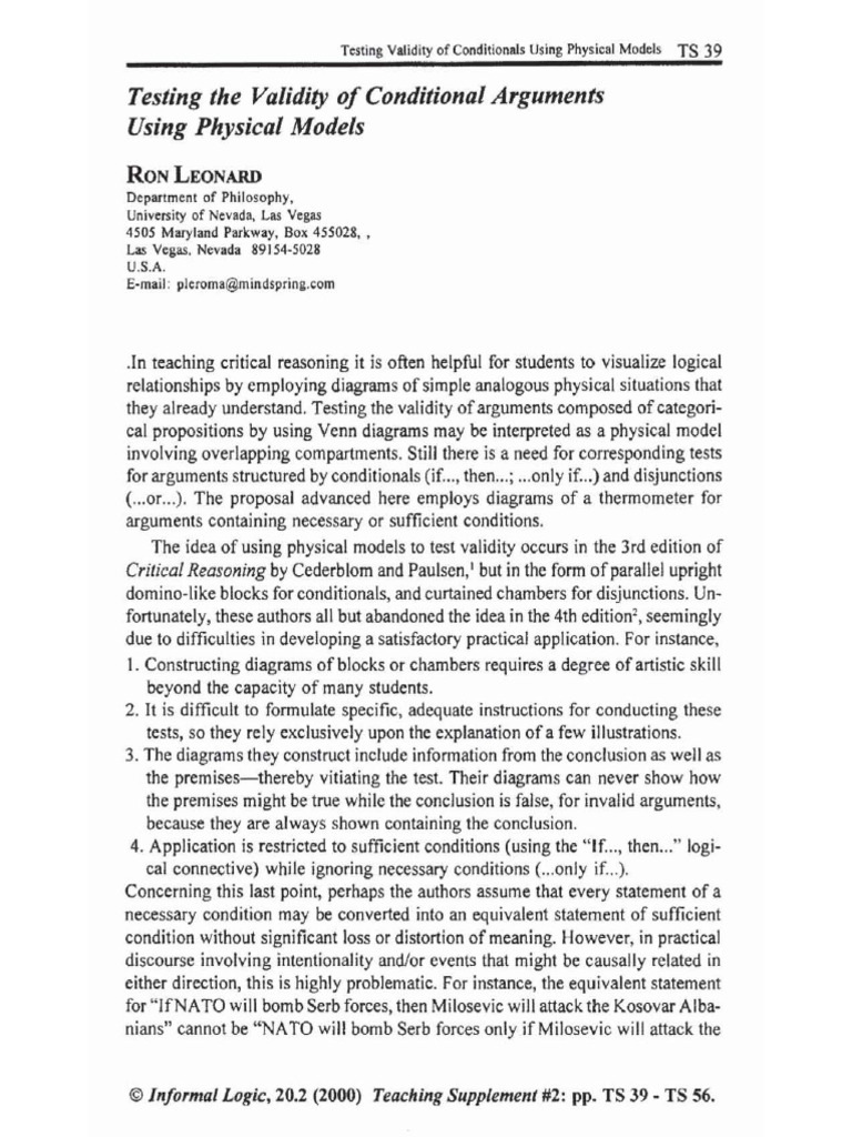 Testing The Validity of Conditional Arguments Using Physical Models | PDF