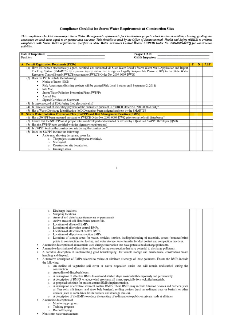 Storm Water Compliance Checklist for Construction | PDF | Water ...