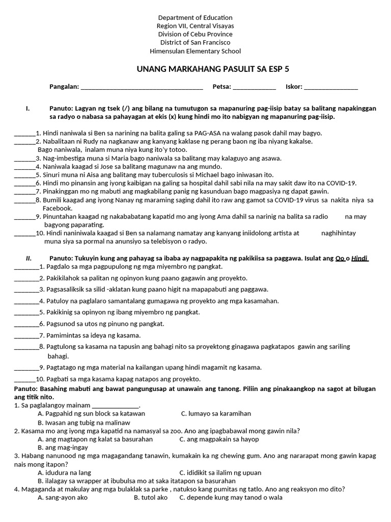Esp 5 Periodical Test | PDF