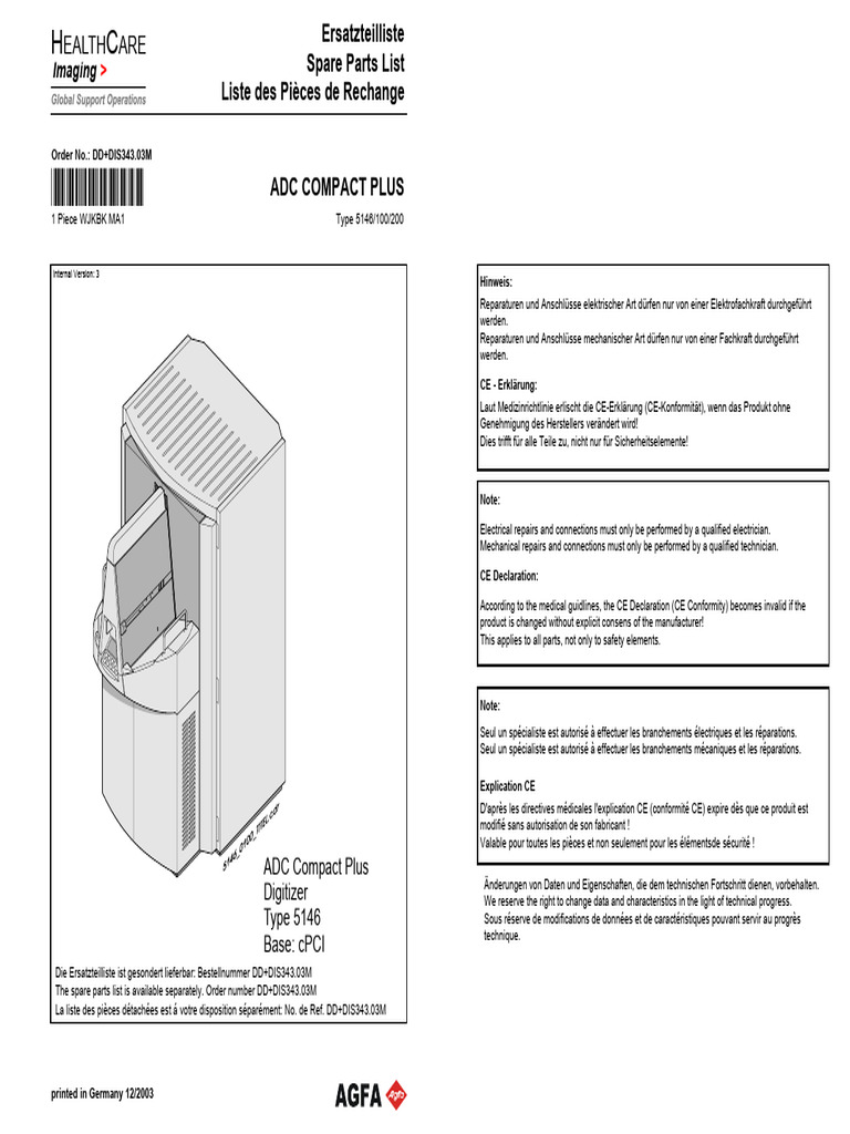 ADC Compact Plus - Spare Parts List - Internal Version 3 2.0 | PDF