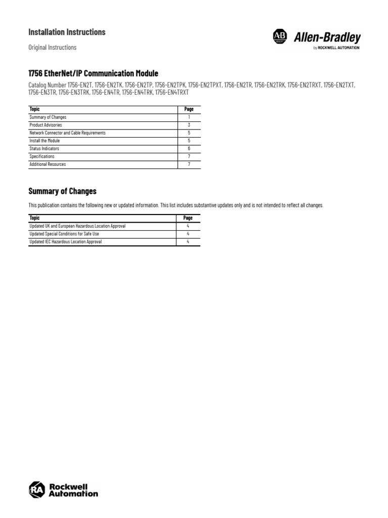 1756 Ethernet/Ip Communication Module: Installation Instructions | PDF