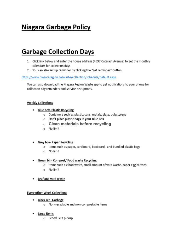 Niagara Garbage, Recycling, Bulk Item Policy | PDF