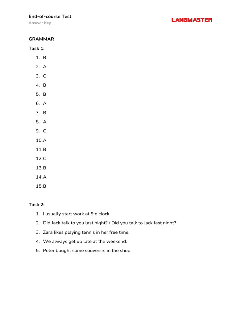 Level 1 - Final Test - Key | PDF