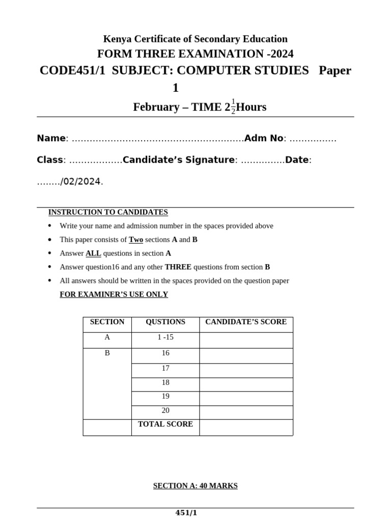 Form 3 Computer Studies Question Paper End T1 2024 Teacher - Co - .Ke | PDF