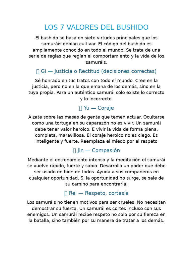Los 7 Valores Del Bushido | PDF