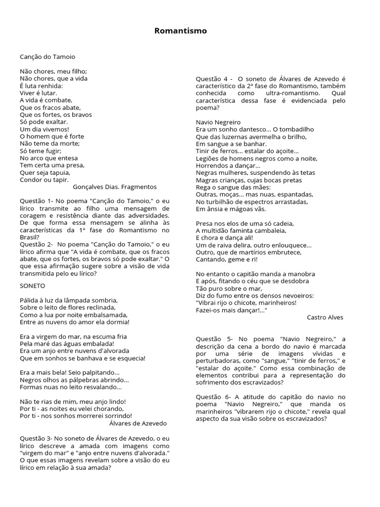 Atividade de Interpretação - Romantismo Realismo e Naturalismo | PDF
