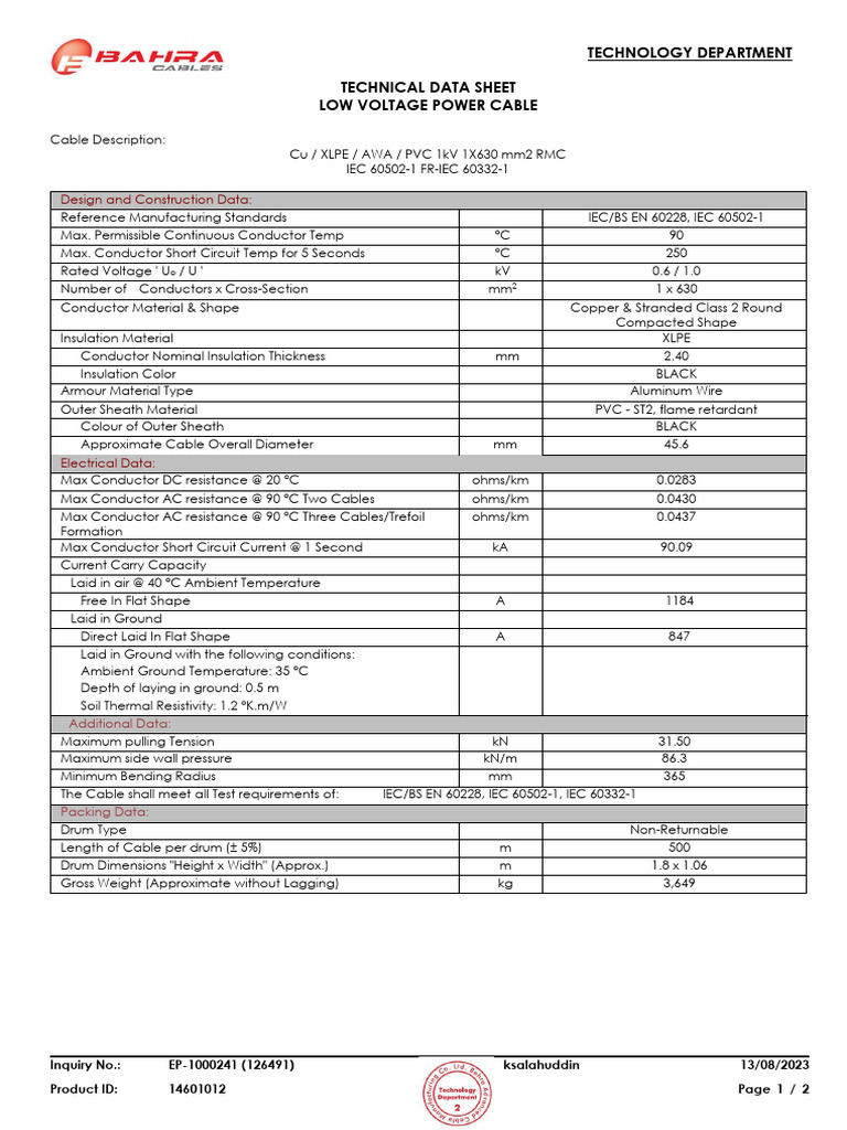 1x630 mm² Low Voltage Cable Specs | PDF | Electrical Conductor ...