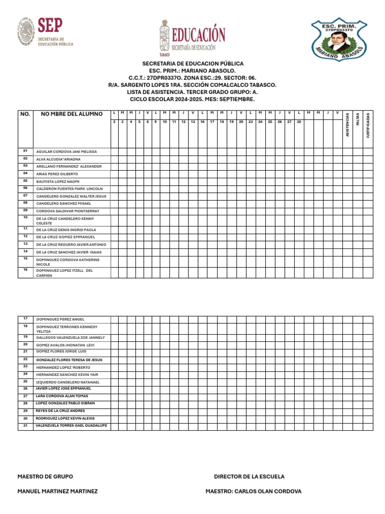 Lista de Asistencia Tercer Grado SEP | PDF