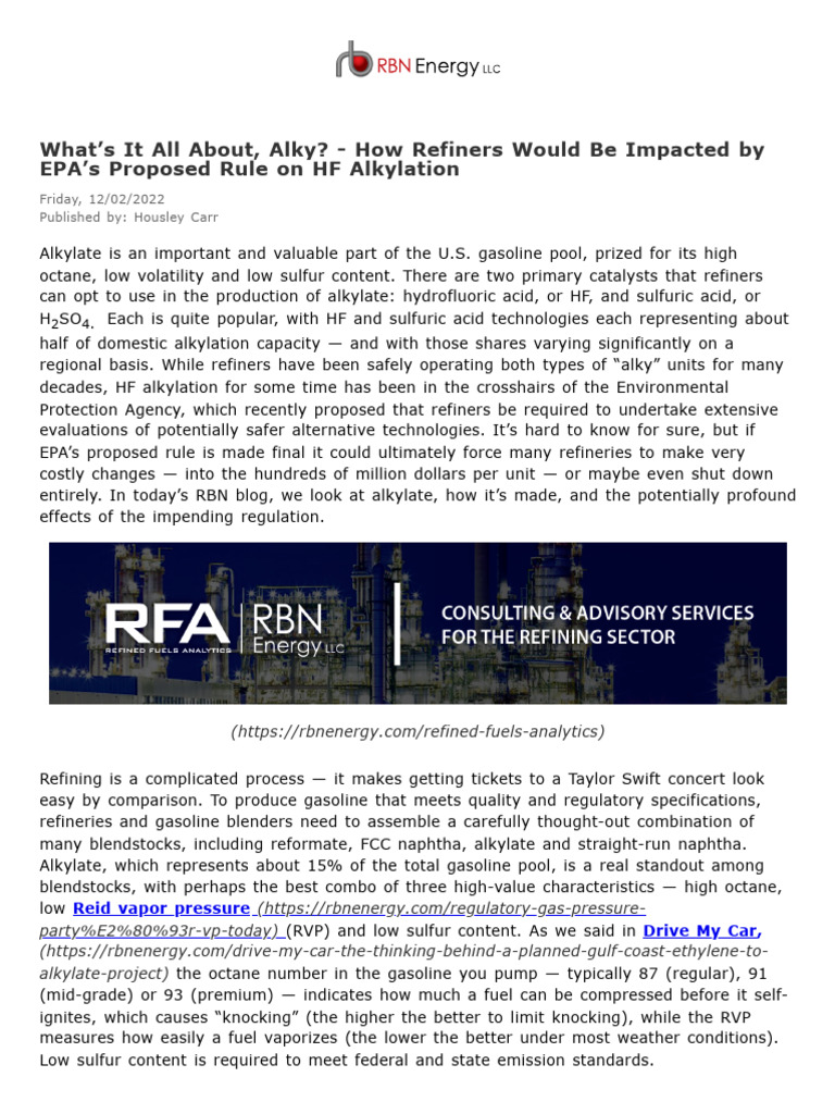 What's It All About, Alky - How Refiners Would Be Impacted by EPA's ...