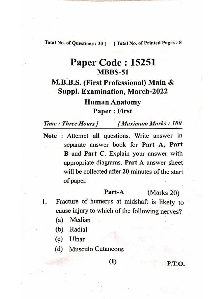 Anatomy Paper 1 2020 Batch MJPRU | PDF