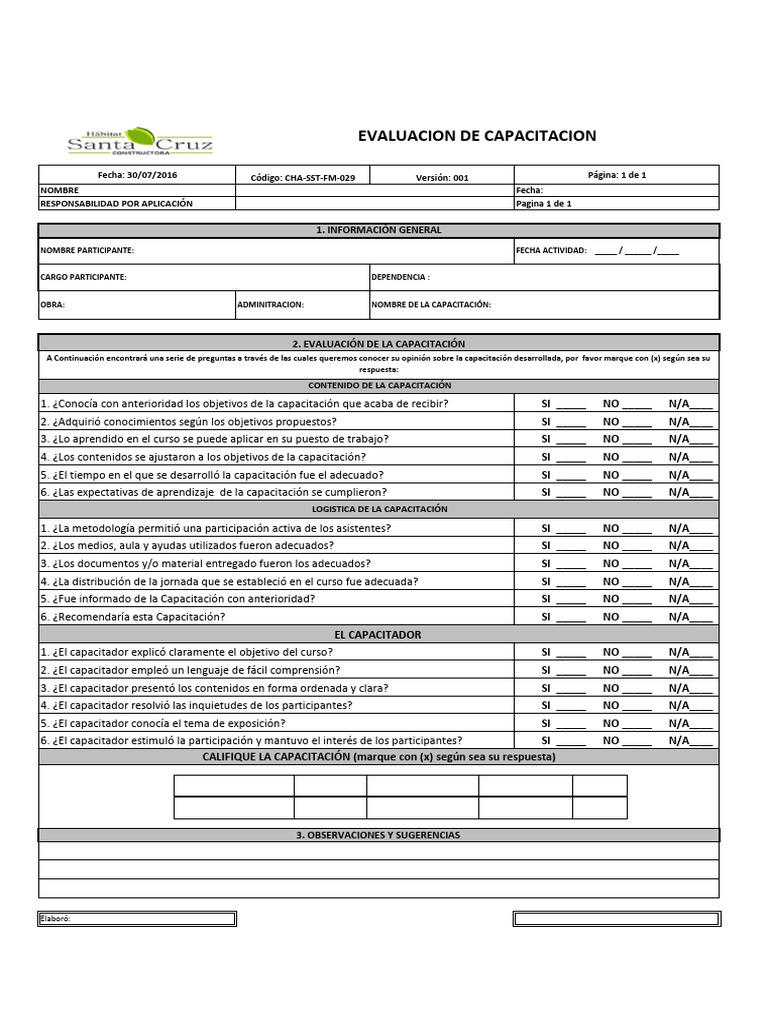 Formato de Evaluacin de Capacitacion | PDF