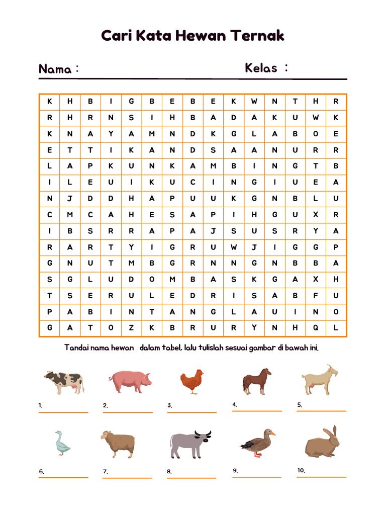 Lembar Kerja Cari Kata Hewan Ternak Jingga Ilustrasi - 20240814