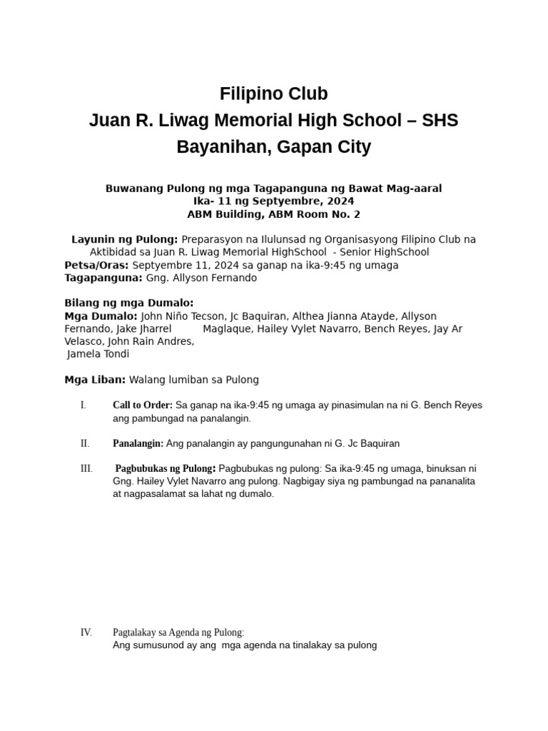 Filipino Club Meeting Agenda | PDF | Cultural Assimilation | Dialect