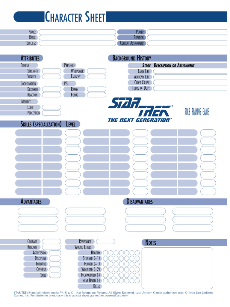 Star Trek TNG RPG - Character Sheet (Basic) | PDF