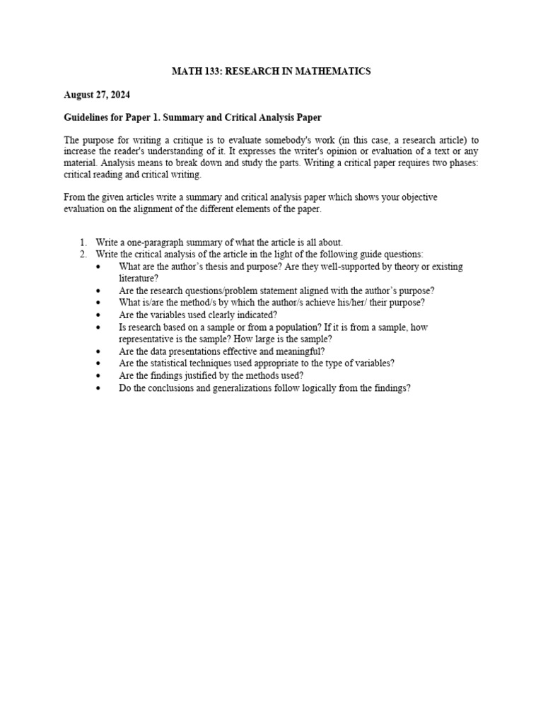 Guidelines For The Critical Analysis Paper 101153 | PDF