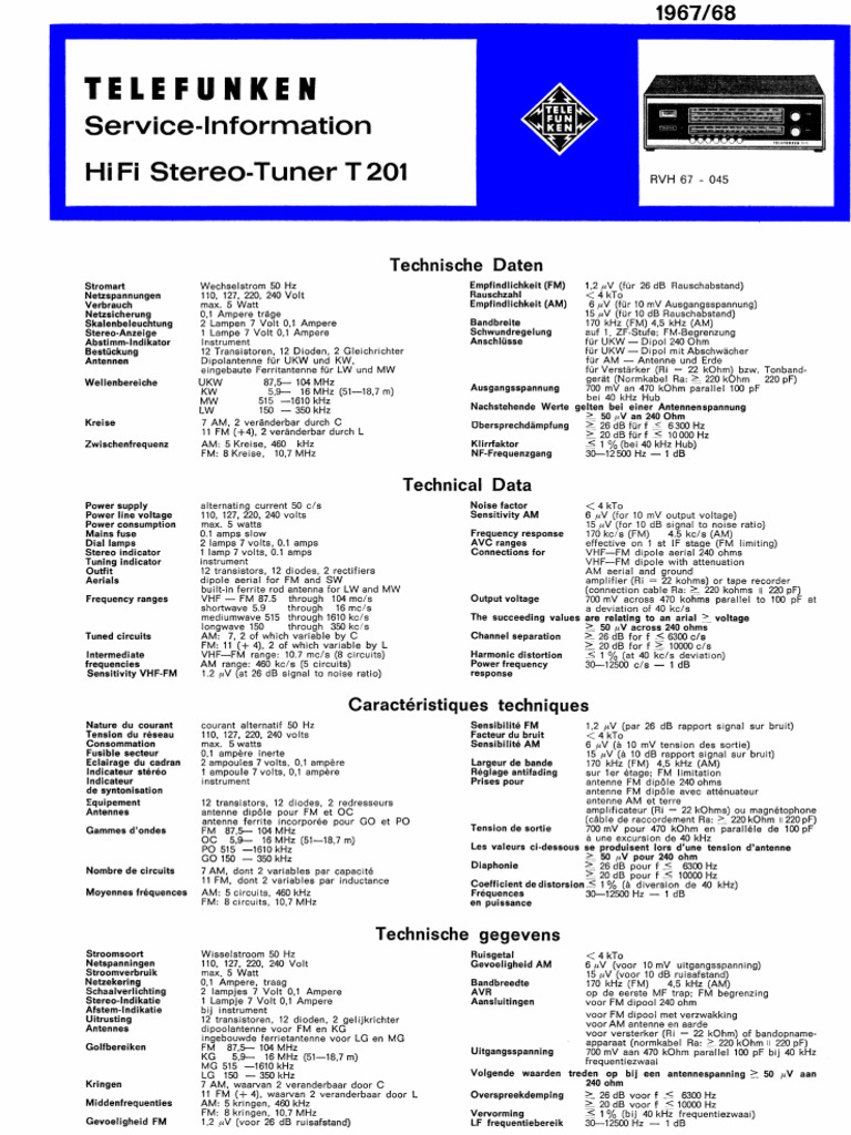 Rare tuner stéréophonique vintage Telefunken T 201 S pour pièces