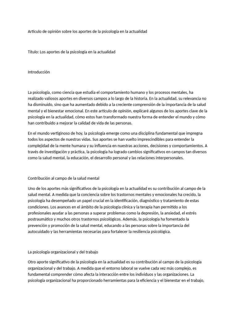 Artículo de Opinión Sobre Los Aportes de La Psicología en La Actualidad ...