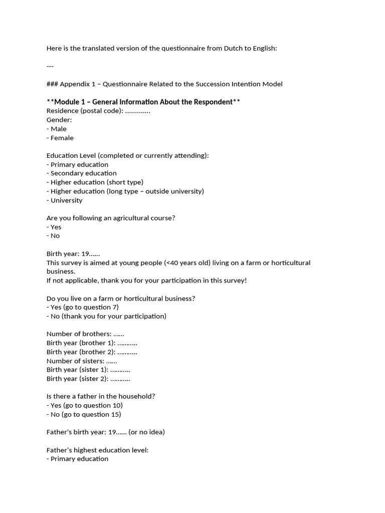 Questionnaire Related to the Succession Intention Model | PDF